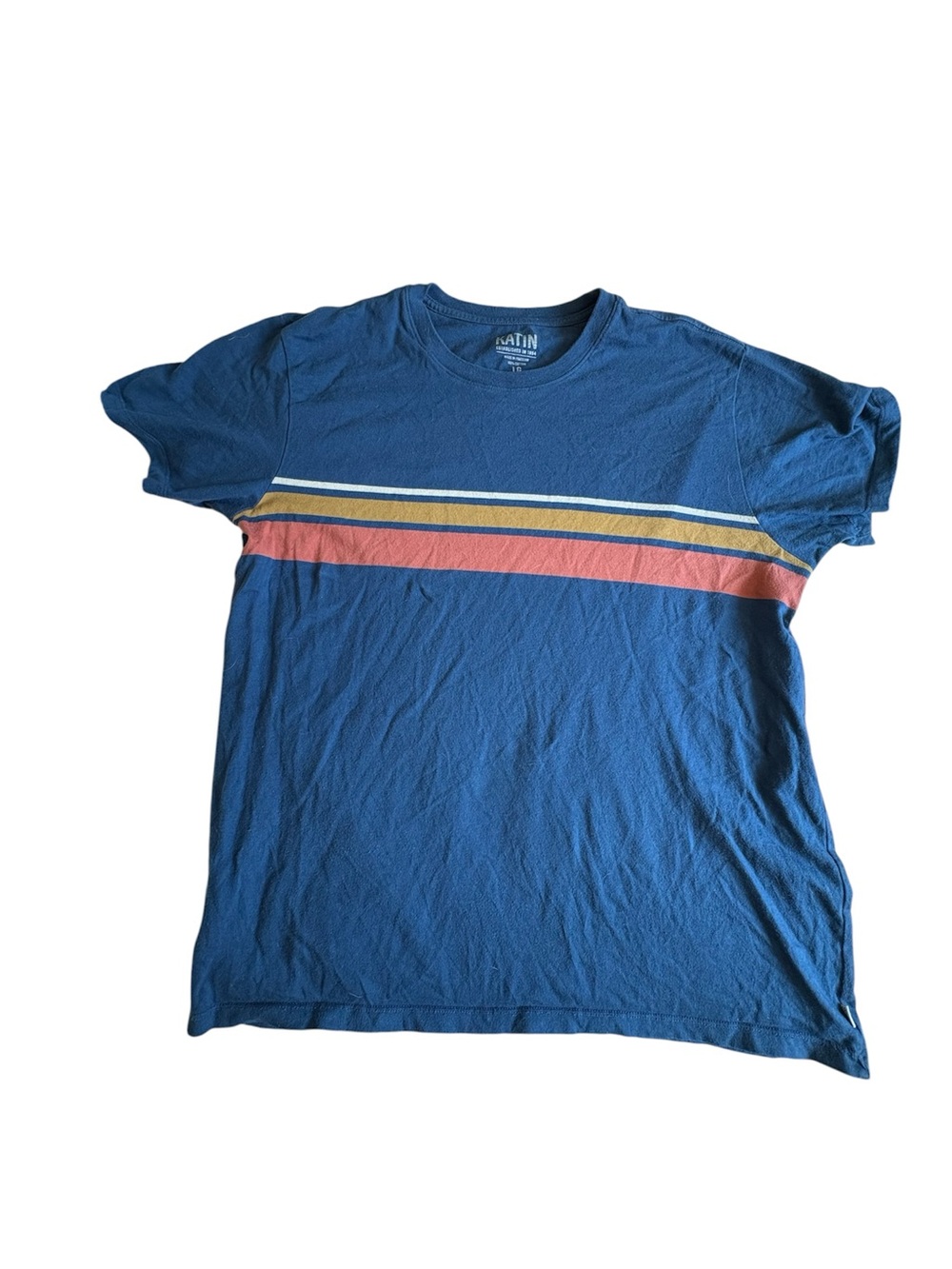 Katin Blue Short-Sleeve Crewneck Tee with Coral and Mustard Stripes